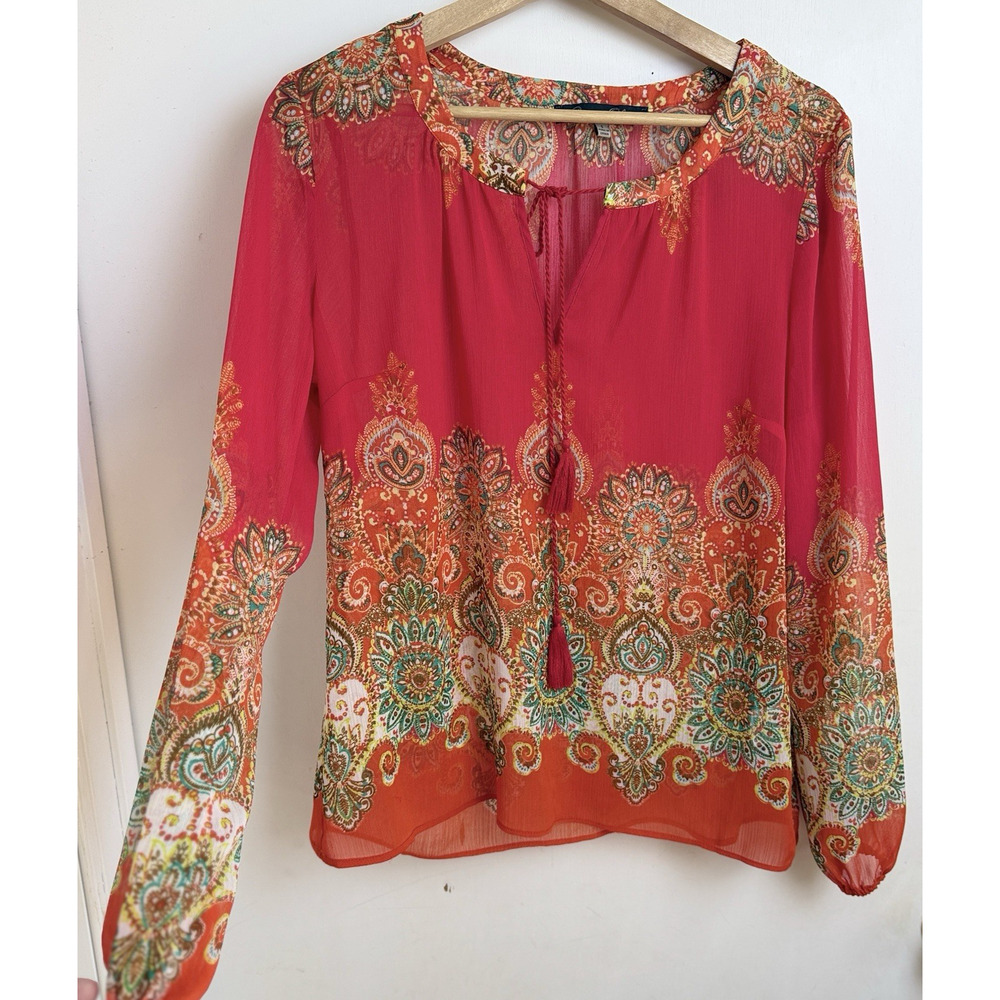 Rose & Olive Long Sleeve Tassel Sheer Top Size S Red Orange Floral Boho Layering